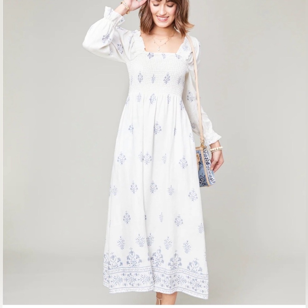 Spartina Riverly Smocked Lined Linen Midi Dress NWT Size XS Msrp $269